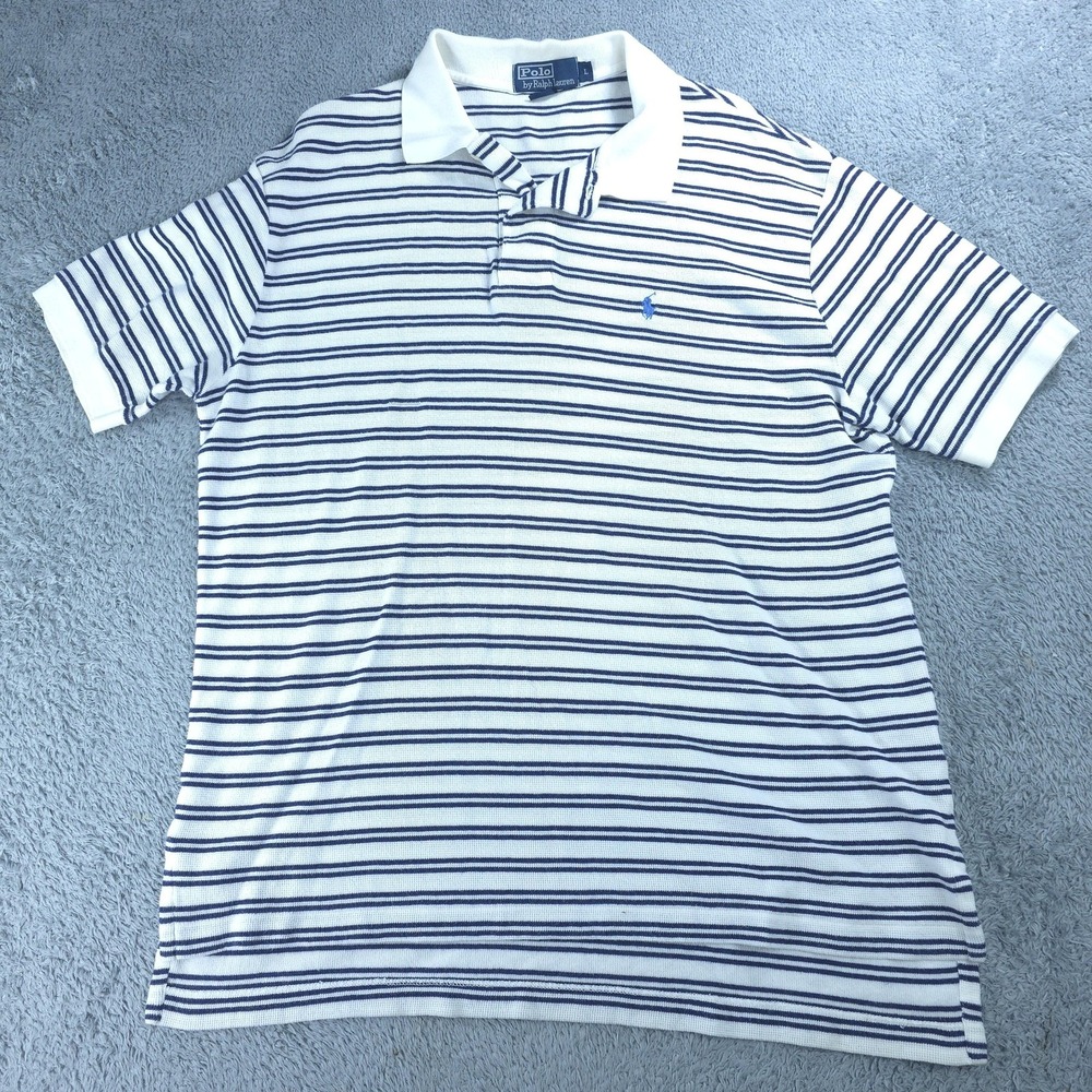 Polo Ralph Lauren Shirt Mens Large White Navy Blue Striped Waffle Knit Cotton